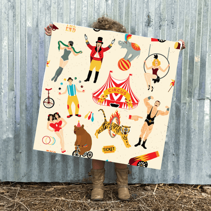 Circus Fun - Flour Sack Towel + Bonus Vintage Cookbook