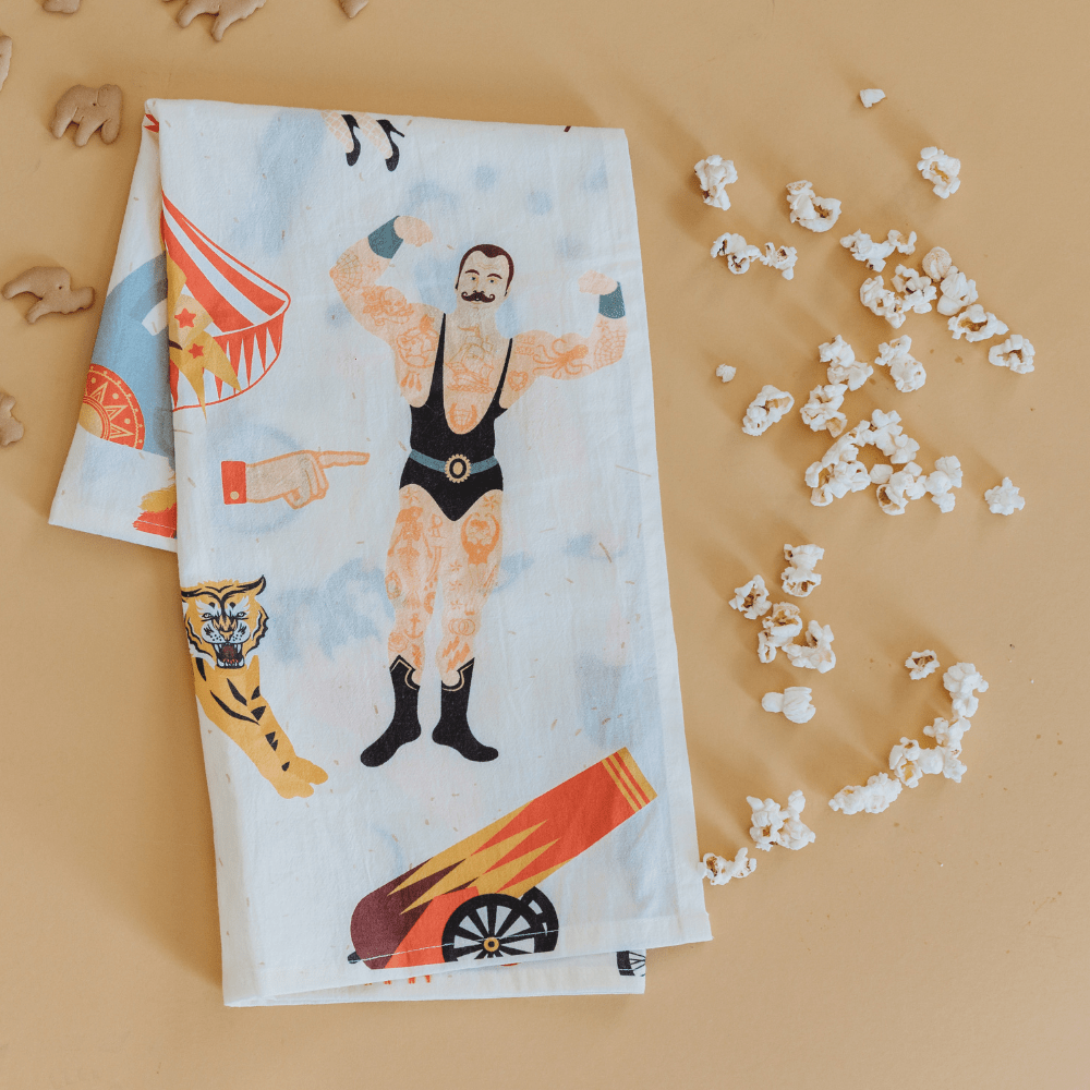 Circus Fun - Flour Sack Towel + Bonus Vintage Cookbook