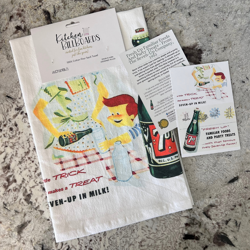 1953 7-Up “Fresh Up” Vintage Flour Sack Towel + Vintage Cookbook File Card