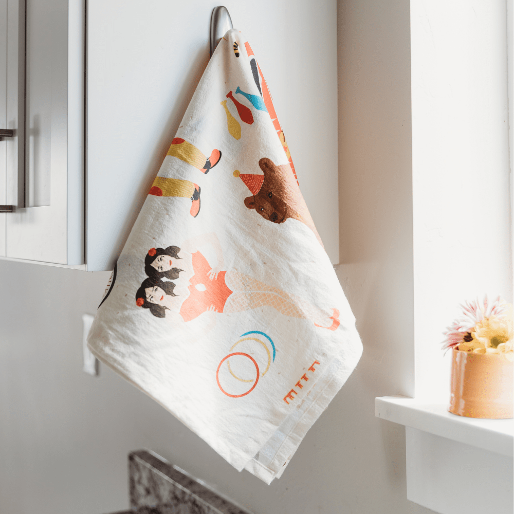 Circus Fun - Flour Sack Towel + Bonus Vintage Cookbook