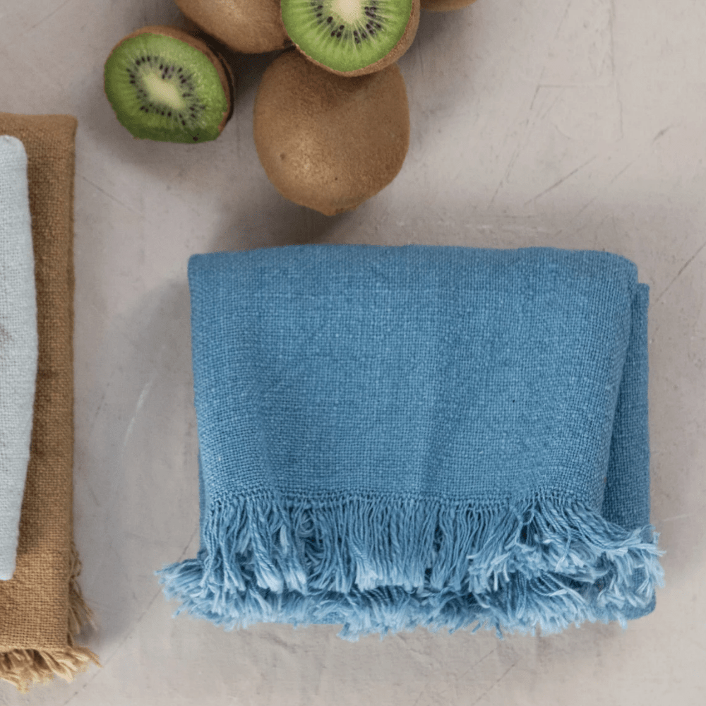 Blue Cotton Slub Towel with Fringe