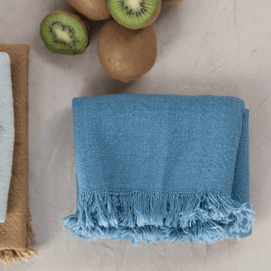 Blue Cotton Slub Towel with Fringe