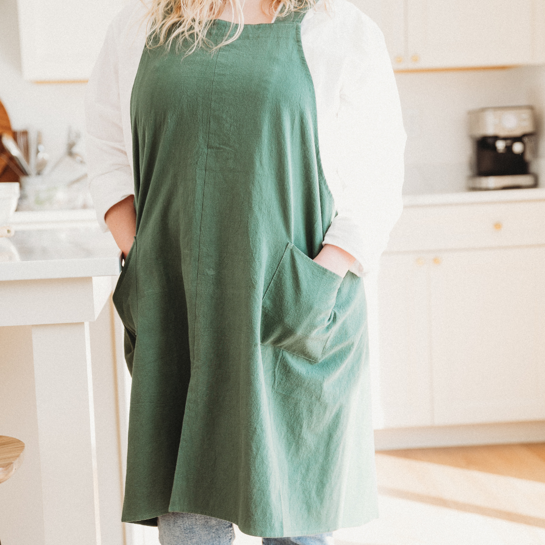 Plus size crossback apron in Wilted Spinach - fits sizes 14 to 30, no ties, Kitchen BillBoards